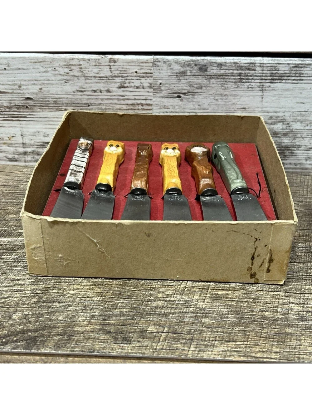 Vintage Boston Warehouse Butter Spreader Cheese Knife 6 Pc. Set Zoo Animals